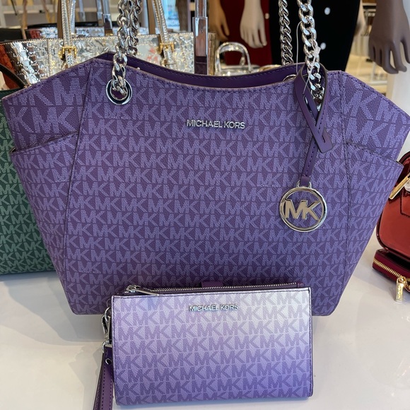 MICHAEL KORS JST Lg Chain Shoulder Tote & Double Zip Wristlet Wallet Dk Purple